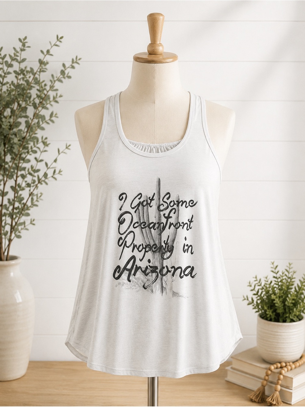 Bella Canvas White‎ Racerback Tank with Black Script Graphic